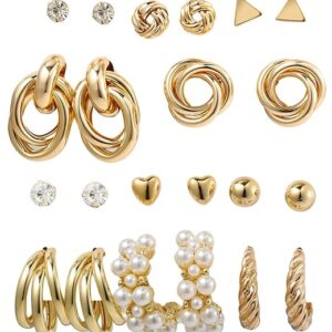 Shining Diva Fashion 11 Pairs Combo Set Celebrity Inspired Latest Trendy Stylish Gold Plated Geometric Twist Pearl Hoop Dangle Earrings for Women and Girls